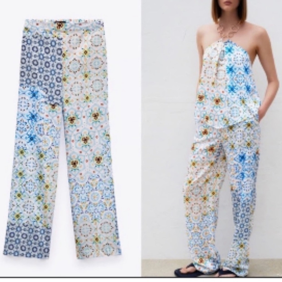 Zara Pants - ZARA Patchwork Print Palazzo Pants — Satin Wide Leg High Waist | Size Small